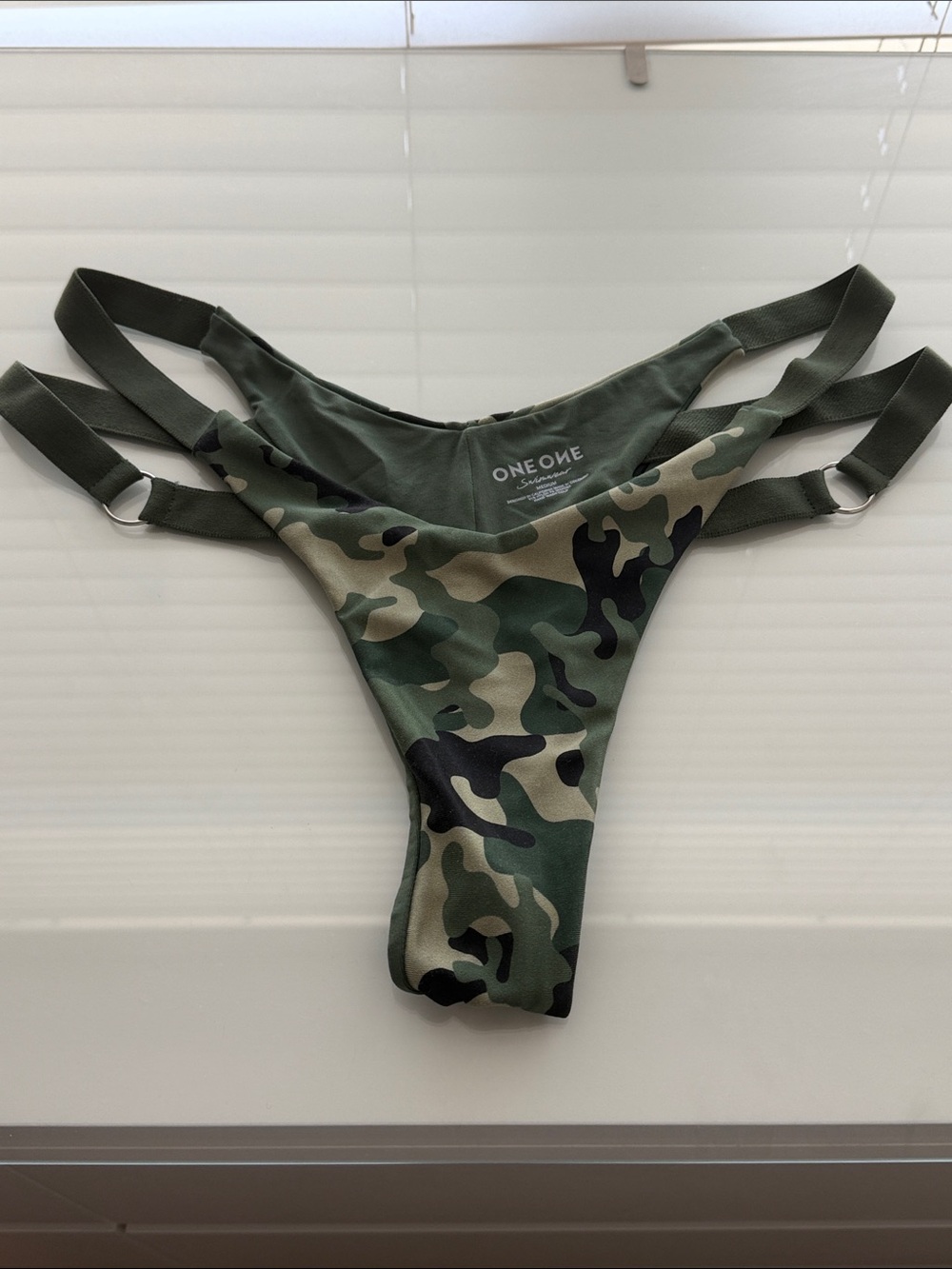 ONE ONE Olive Camo Double Strap Bikini Bottom with Ring Detail